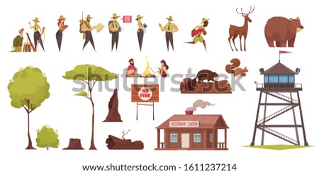 Set of colored cartoon icons with forest rangers wild animals trees sign veterinary station isolated on white background vector illustration
