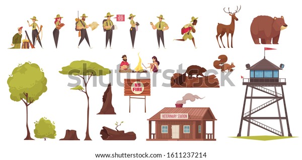 Set of colored cartoon icons with forest\
rangers wild animals trees sign veterinary station isolated on\
white background vector\
illustration