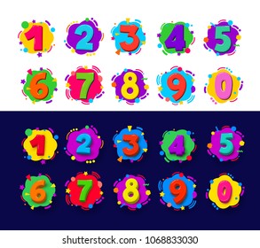 Set of Colored cartoon numbers. Vector illustration color figures 1-9 digit baby icons in the cloud. Isolated on white and blue background