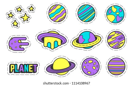 Set of colored cartoon planets, meteorite, satellite, stars stickers. collection ofcosmic patches