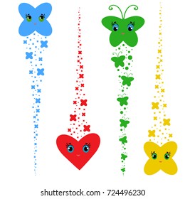 Set of colored cartoons. A flock of abstract flat butterflies, hearts, stars flying one after another.