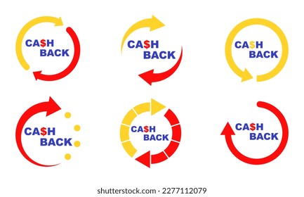 Conjunto de caja coloreada con iconos vectoriales de flechas. Devolución de símbolo o devolución de dinero. Emblema o etiqueta.