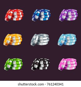 A set of colored casino chips stock vector illustration isolated on dark background