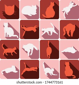 conjunto de iconos de gatos de colores de ovales en diferentes poses con sombras