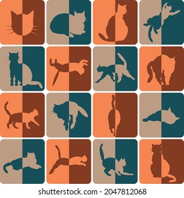 set of colored cat icons from ovals in different poses with shadows half