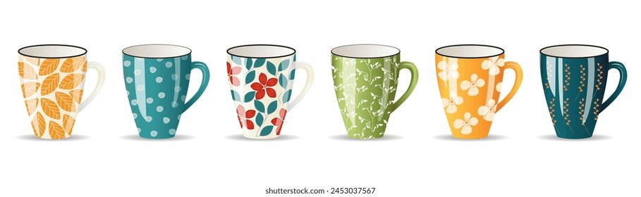 Set of colored ceramic mugs.  Colored cups isolated on white background. Coffee, tea, drinks. Web design, print, textile, packaging, vector illustration
