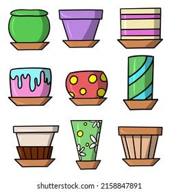 Set of colored ceramic pots for indoor plants, vector cartoon illustration on a white background