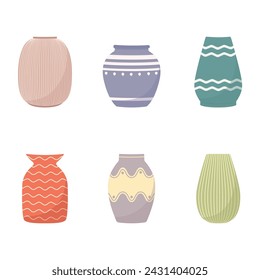 Set of colored ceramic vases. Pottery vases for interior design. Vector illustration