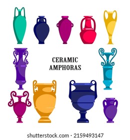 Conjunto de jarrones de cerámica de colores. Alto frasco griego antiguo, romano con dos asas y cuello estrecho. Anfitriones de cerámica de vintage, cerámica, vasos negros aislados en la ilustración vectorial de fondo blanco