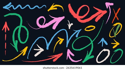 Set of colored chalk arrows. Grunge hand drawn charcoal symbols for hand drawn diagrams. Freehand different curved arrows, swirls, crosses, check marks. Template vector doodle marker drawing.