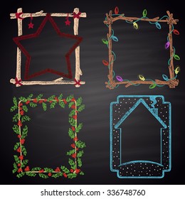  Set of colored chalk drawn Christmas and winter frames. Winter holidays collection.