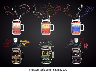  Set of colored chalk drawn illustrations of different smoothies in a bottles with ingredients. Fitness smoothies for weight loss