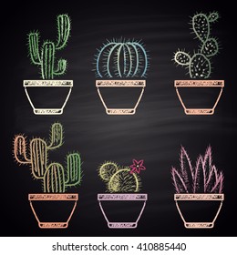  Set of colored chalk painted different cacti in pots. Plants theme.