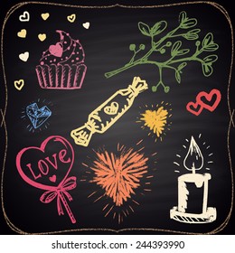 Set of colored chalk painted elements: hearts, candle, candies and plant.