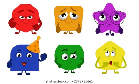 Set of colored characters of geometric shapes in cartoon style. Vector illustration with geometric characters in different poses and emotions: angry, sad, thoughtful, funny, surprised.