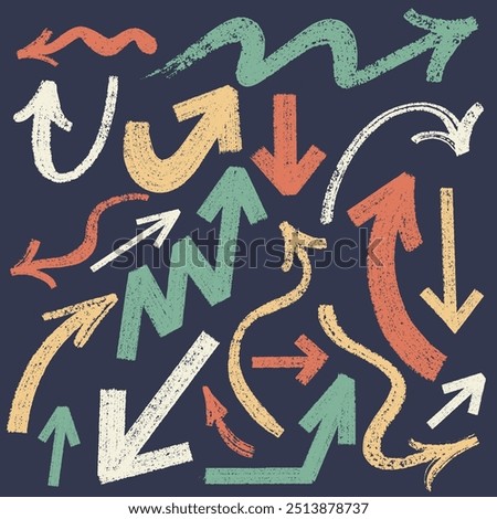 Set of colored charcoal, brush hand drawn arrows vector. Freehand pencil colored crayon swirl and spiral arrow, vector chalked symbols, direction pointers. Template curved arrow lines different shapes
