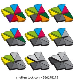 Set of colored charts of triangles with rounded corners and hard stroke. Templates sectoral graphs in flat style. Colorful elements for infographics. Vector
