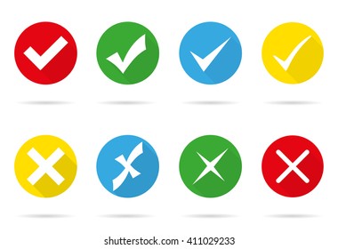 Set of colored check marks and crosses  with shadow