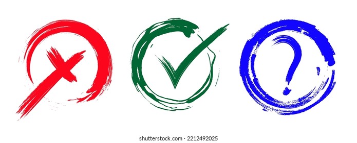 Set of colored checkbox icons. Checkmark and cross, question mark. Vector illustration.
