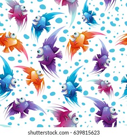 A set of colored cheerful fish characters. Colorful seamless pattern of sea fish. Cartoon of fishes vector icons on white background.