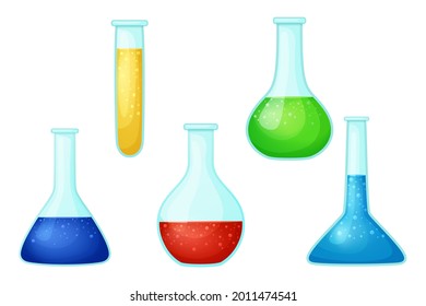 Set of colored chemical flasks in cartoon style. Vector illustration isolated on white background. Multi-colored liquid with elixir. Laboratory tubes
