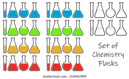 Set of colored chemistry flasks. 