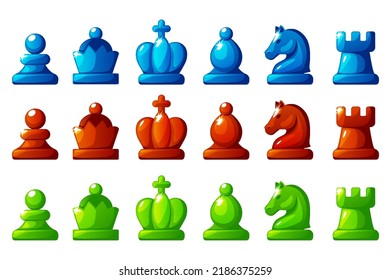 Set Of Colored Chess Figures. Blue, Red And Green Set Chess Figures