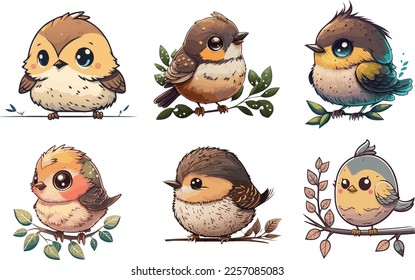 Set of colored chibi and cute chubby birds. Vector Illustration on a white background