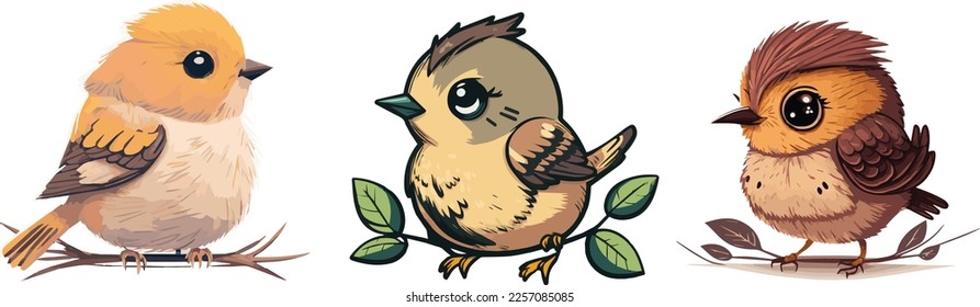 Set of colored chibi and cute chubby birds. Vector Illustration on a white background