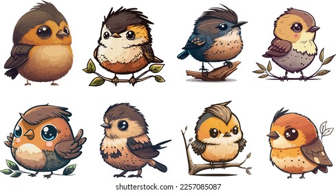 Set of colored chibi and cute chubby birds. Vector Illustration on a white background