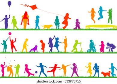 Set of colored children silhouettes playing outdoor