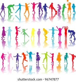 Set of colored children silhouettes playing