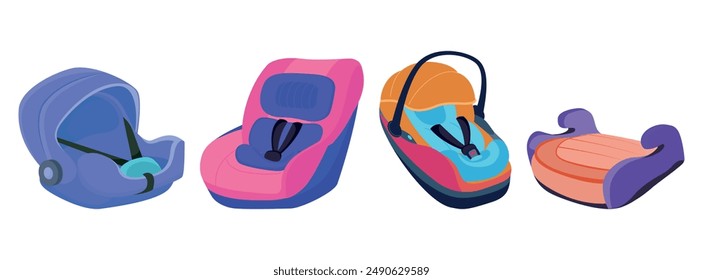 Set of colored children's car seats in cartoon style. Vector illustration of nice soft and comfortable car seats with straps isolated on a blue background. Safety for babies when traveling in a car.