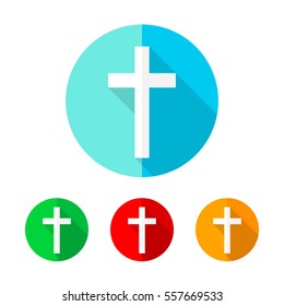 Set of colored christian cross icons. White christian cross with long shadow. Vector illustration. Christian cross on the round button.