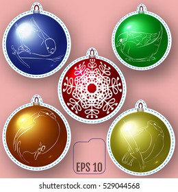 Set of colored christmas balls patch badges, christmas pin badges, vector illustration