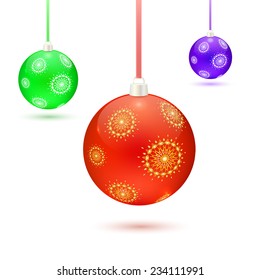 Set of colored Christmas balls with a pattern of snowflakes on a white background. Vector illustration.