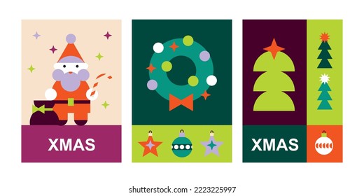 Set of colored Christmas cards in the style of simple abstract shapes. Collection of New Year banners with fir wreaths, champagne, tree, gifts, balls for congratulations. Cartoon vector illustration.