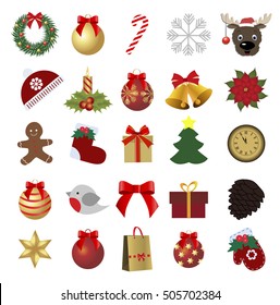 set of colored Christmas icons. Collection of holiday labels for the new year. Pattern to decorate or design a gift or for the Internet site. Baby vector illustration