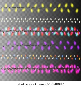 Set of colored Christmas light. Decoration for the New year isolated on a transparent background. A bright glowing effect. Xmas lights. Vector illustration.