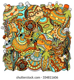 Set of Colored Christmas toys hand-drawn decorative elements in vector. Fancy Christmas trees, balls, stars. Pattern for coloring book. Sketch by trace. Zentangle.