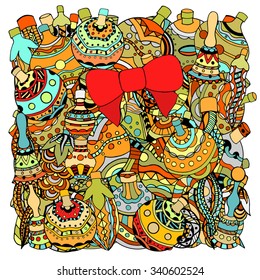 Set of Colored Christmas toys hand-drawn decorative elements in vector. Fancy Christmas trees, balls, stars. Pattern for coloring book. Sketch by trace. Zentangle.