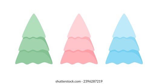 Set von farbigen Weihnachtsbäumen einzeln auf weißem Hintergrund. Flache Vektorgrafik