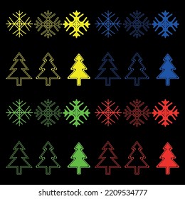 set of colored Christmas trees and snowflakes on a black background