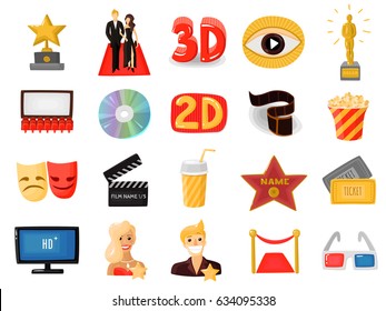 Set of colored cinema icons with actors on red carpet movie auditorium 3d glasses flat vector illustration