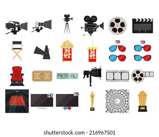 a set of colored cinema related elements on a white background