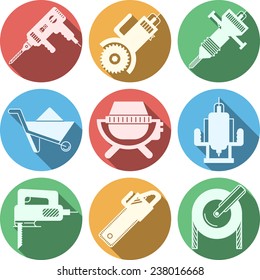 Set of colored circle flat vector icons for construction with white silhouette tools and equipment with long shadow on white background.