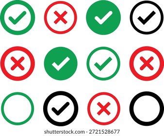 Conjunto de círculos coloridos com símbolos de verificação e cruz em vermelho e preto verdes