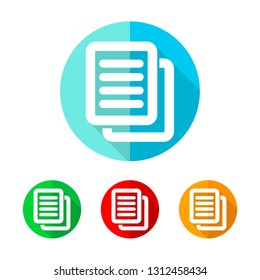 Set of colored circles with document icon. White file with long shadow. Vector illustration. Document on a the round button.
