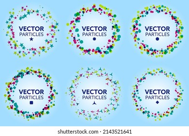 Conjunto de círculos de color formados por diferentes formas geométricas. Elementos de diseño abstracto. Ilustración vectorial. conjunto de vector abstracto creativo.