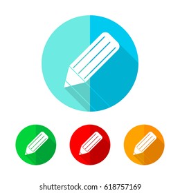 Set of colored circles with pencil icon. White pencil with long shadow. Vector illustration. Pencil on a the round button.